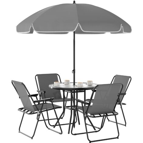 Set da Giardino 6 Pezzi con 4 Sedie Pieghevoli Ombrellone e Tavolo Rotondo Grigio e Nero