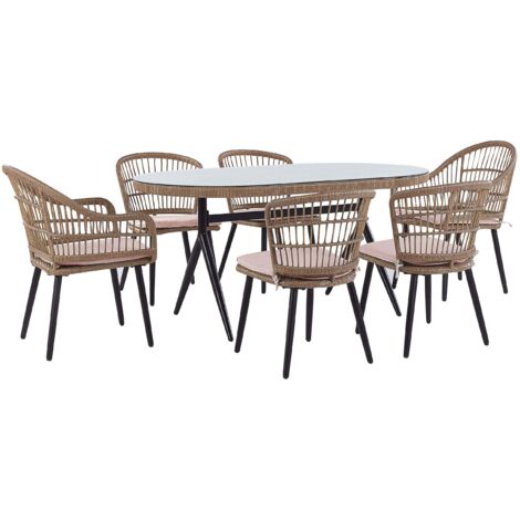 Set da giardino 6 posti in rattan e cuscini di colore rosa e tavolo in vetro Aliano