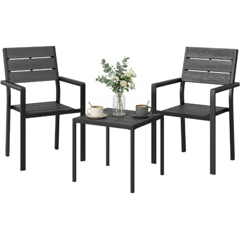 Set da giardino a 3 pezzi con 2 sedie e tavolo in HDPE effetto legno con doghe, ideale per patio e balcone - Nero