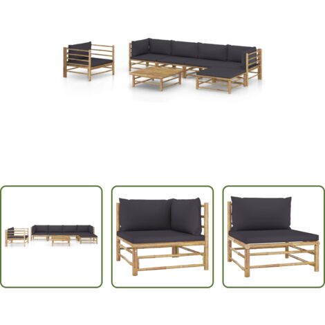 Set da giardino bambù -  Set Divani da Giardino 7 pz con Cuscini Grigio Scuro in Bambù