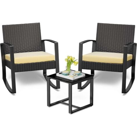 Set da Giardino Bealife 2 Posti Set Tavolo e Sedie da Giardino in Acciaio Sedia a Sdraio con Cuscino Tavolo in Vetro Temperato Insieme di Mobili per Patio, Giardino e Esterno Beige