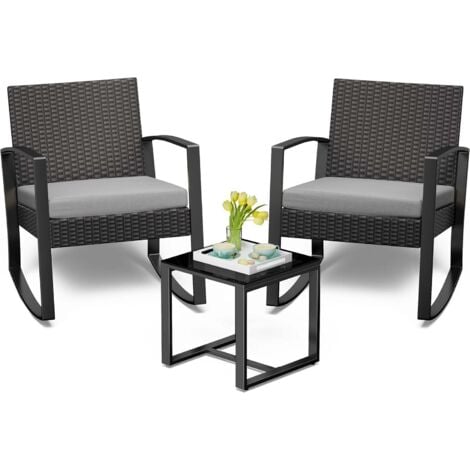 Set da Giardino Bealife 2 Posti Set Tavolo e Sedie da Giardino in Acciaio Sedia a Sdraio con Cuscino Tavolo in Vetro Temperato Insieme di Mobili per Patio, Giardino e Esterno Grigio