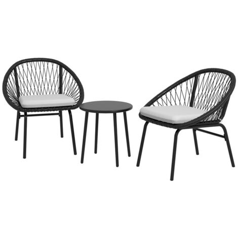SET DA GIARDINO CON 2 SEDIE CON CUSCINO E TAVOLINO DA CAFFÈ IN ACCIAIO E RATTAN PE. NERO
