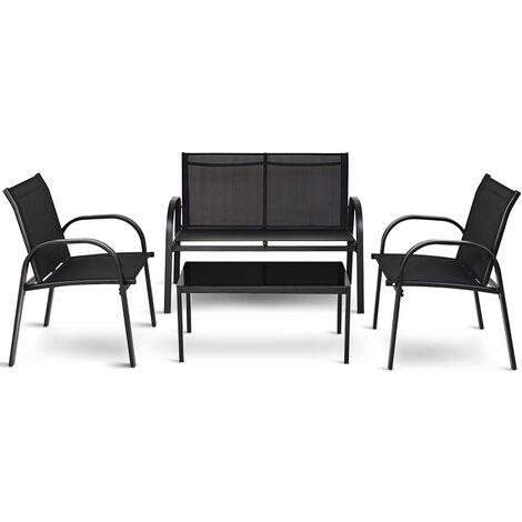 Set da Giardino con 4 Pezzi, Set da Giardino per Chiacchierare, Sedie da Giardino con Tavolino in Vetro, con Struttura Resistente in Ferro, Tessuto a Rete Traspirante, Grigio/Nero (Nero)