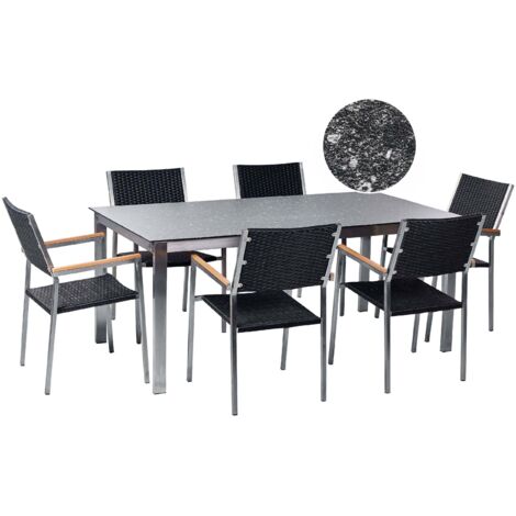 Set da giardino con 6 posti in acciaio inox con tavolo piano con effetto granito e sedie in rattan nero Cosoleto/Grosseto