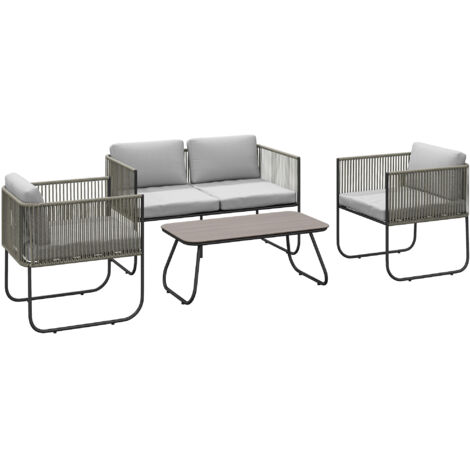 Set da Giardino con Divanetto 2 Poltrone e Tavolino in Vetro in Rattan Grigio