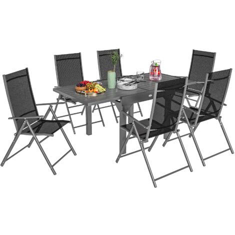 Set da Giardino con Tavolo da Pranzo Allungabile e 6 Sedie Pieghevoli in Acciaio Alluminio e Rete Grigio e Nero