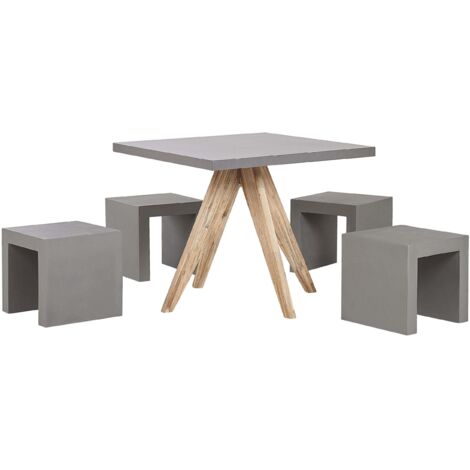 Set da Giardino con Tavolo Quadrato in Legno e 4 Sgabelli in Cemento Grigio Olbia/Taranto