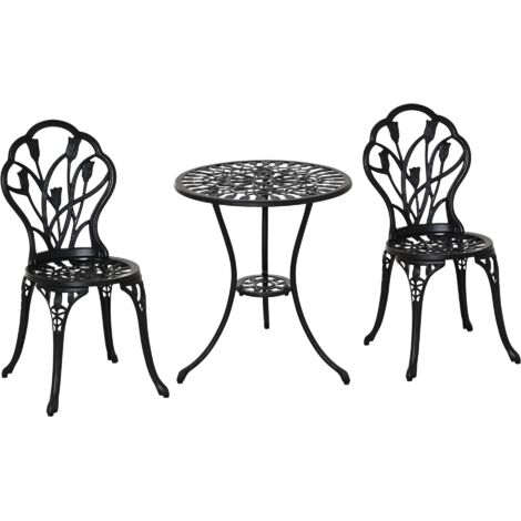 Set da giardino da bistrot floreale in alluminio, composto da tre pezzi - Nero
