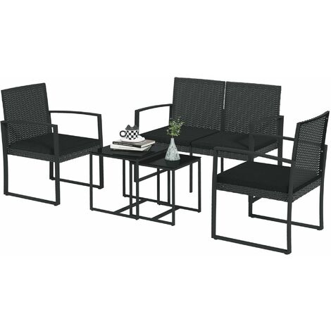 Set da Giardino Divano 2 Poltrone e 2 Tavolini Piano in Vetro   Nero