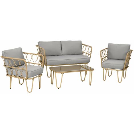 Set da Giardino Divano 2 Poltrone e Tavolino in Rattan PE Giallo