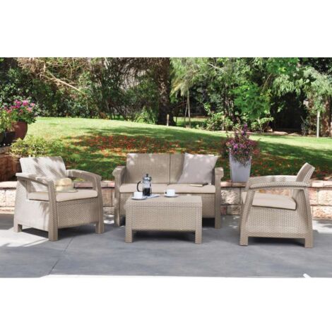 Set da Giardino Divano 2 Poltrone e Tavolino Keter Corfù Cappuccino
