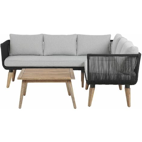Set da Giardino Divano Angolare Grigio Schienale in Corda Tavolo in Legno Alcamo