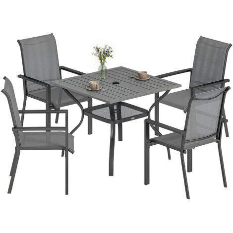 Set da giardino in acciaio composto da 5 pezzi, con 4 sedie impilabili e un tavolo con foro centrale e ripiano inferiore, colore grigio.