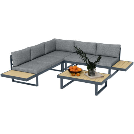 Set da giardino in alluminio composto da 4 pezzi: 2 divanetti, poltrona angolare e tavolino, colori grigio e teak.