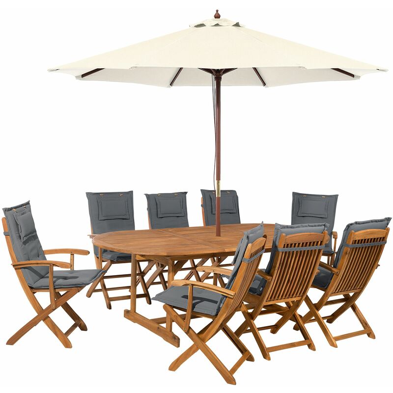 Set da pranzo da Giardino Tavolo Ovale 8 Sedie in Legno e Ombrellone Grigio Maui