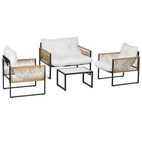 Set da giardino in rattan composto da 4 pezzi: divanetto a due posti, 2 sedie e tavolino, nei colori nero, marrone e crema.