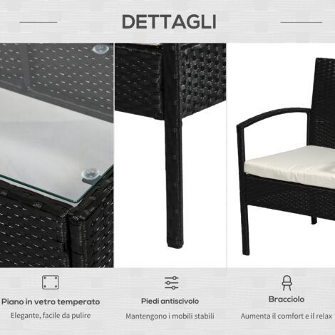 Set da giardino in rattan PE composto da 4 pezzi, salotto da esterno con tavolo da giardino 75x40x38 cm, 2 poltrone 57x60x77 cm e divano a 2 posti 108x60x77 cm, nero e crema.