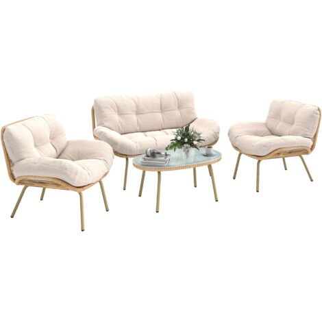 Set da giardino in resina intrecciata composto da 4 pezzi con cuscini ultra spessi da 12 cm: divano da 138 cm, 2 poltrone e tavolino beige.