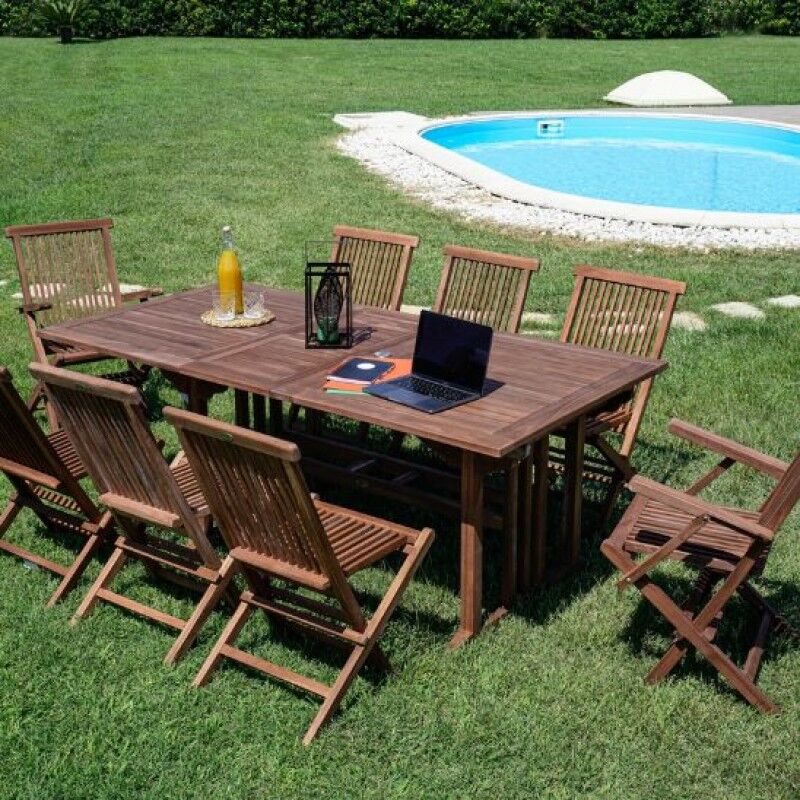 Set da giardino in teak con tavolo allungabile e 8 sedie