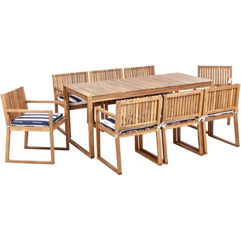 Set da Giardino Legno di Acacia chiaro con Tavolo e 8 Sedie con Cuscini blu e bianco Sassari II