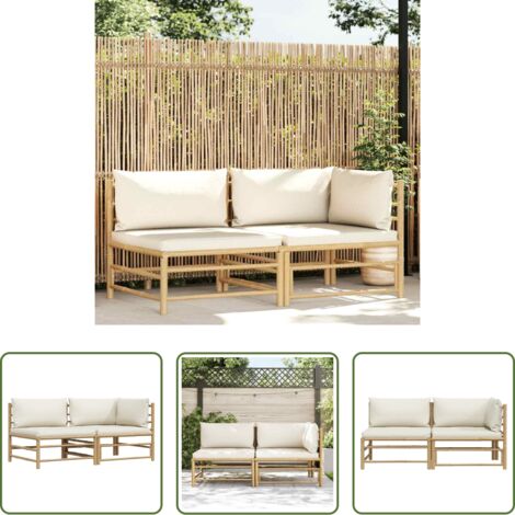 Set da giardino -  Set Divani da Giardino 2 pz con Cuscini Bianco Crema in Bambù