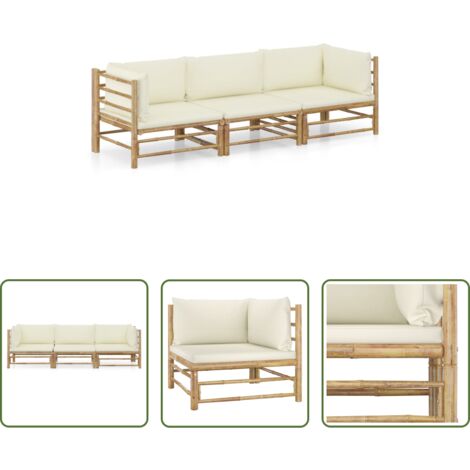Set da giardino -  Set Divani da Giardino 3 pz con Cuscini Bianco Crema in Bambù