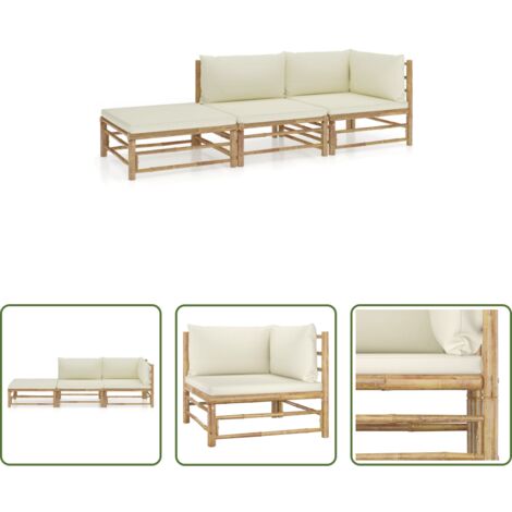 Set da giardino -  Set Divani da Giardino 3 pz con Cuscini Bianco Crema in Bambù
