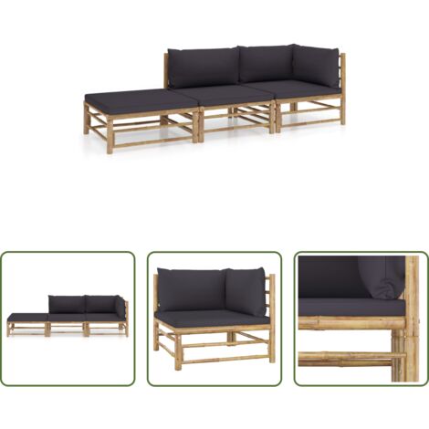 Set da giardino -  Set Divani da Giardino 3 pz con Cuscini Grigio Scuro in Bambù