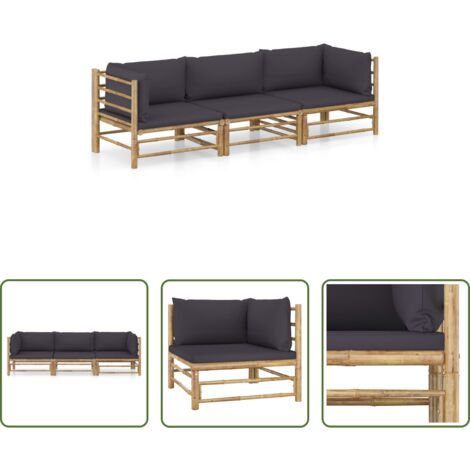Set da giardino -  Set Divani da Giardino 3 pz con Cuscini Grigio Scuro in Bambù