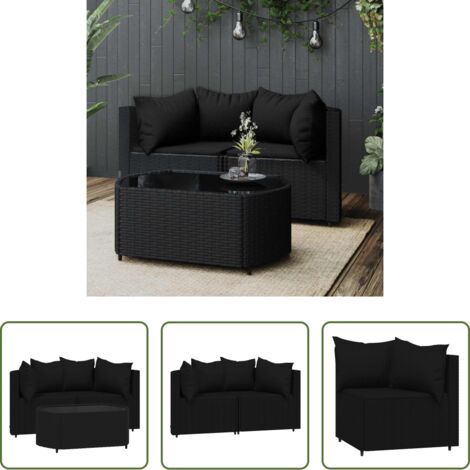 Set da giardino -  Set Divani da Giardino 3 pz con Cuscini Nero in Polyrattan