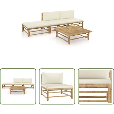Set da giardino -  Set Divani da Giardino 4 pz con Cuscini Bianco Crema in Bambù