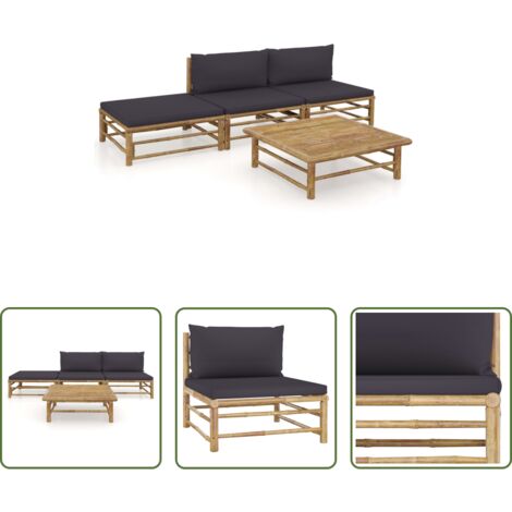 Set da giardino -  Set Divani da Giardino 4 pz con Cuscini Grigio Scuro in Bambù