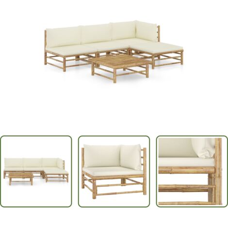 Set da giardino -  Set Divani da Giardino 6 pz con Cuscini Bianco Crema in Bambù