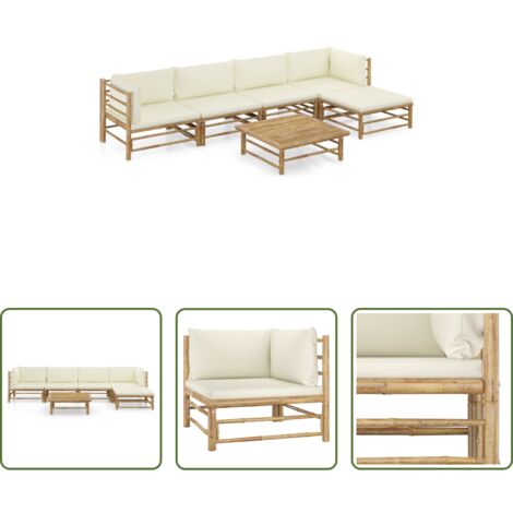 Set da giardino -  Set Divani da Giardino 6 pz con Cuscini Bianco Crema in Bambù
