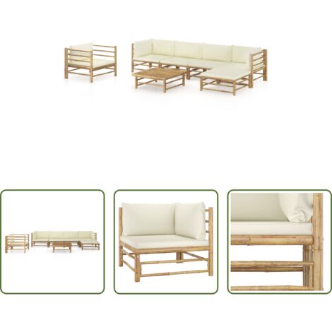 Set da giardino -  Set Divani da Giardino 7 pz con Cuscini Bianco Crema in Bambù