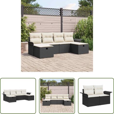 Set da giardino -  Set Divano da Giardino 6 pcs Nero e Crema polyrattan