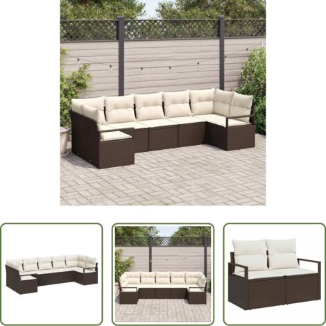 Set da giardino -  Set Divano da Giardino 7 pcs Marrone e bianco polyrattan