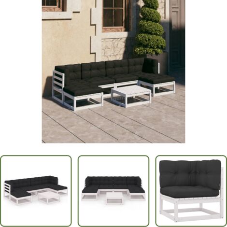 Set da giardino -  Set Salotto Giardino 7pz con Cuscini Bianco Legno Massello Pino