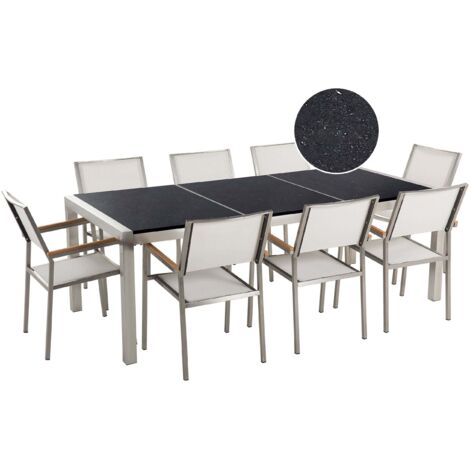 Set da Giardino Tavolo Piano Granito Nero 8 Sedie Bianche 220 x 110 cm Grosseto