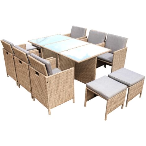 set da giarino "new atlas" colore marrone con 6 poltrone, 4 sgabelli e tavolo con top in vetro