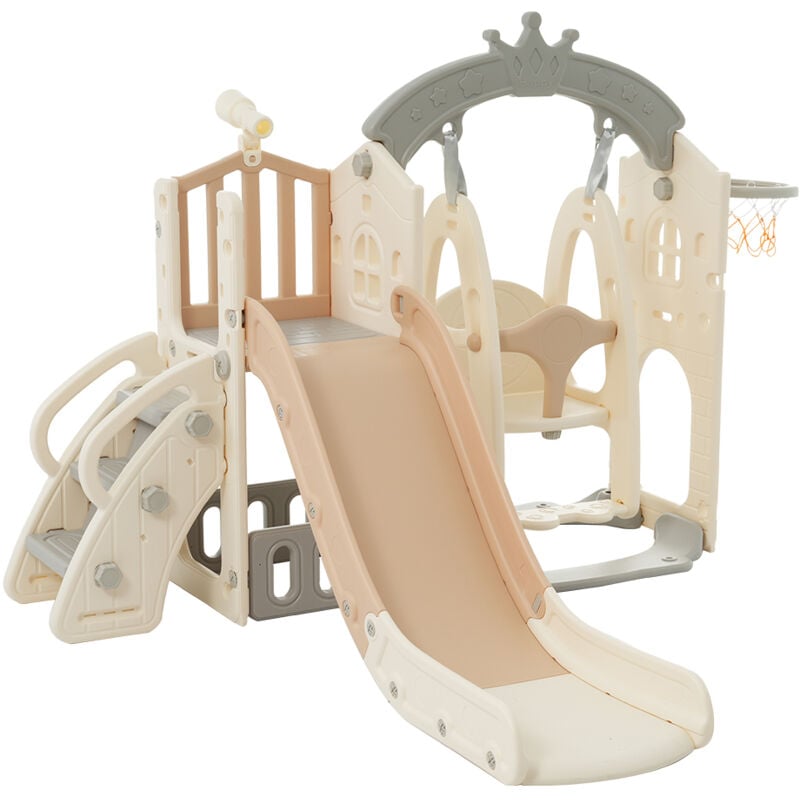 Set da gioco per bambini multifunzionale 5 in 1 con altalena, scivolo, scala da arrampicata, canestro da basket, telescopio e scatola di