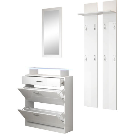 Set da ingresso con 1 specchio e 1 attaccapanni – Bianco Finitura Lucida LED – 147cm – PAOLA - Bianco