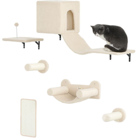 Set da parete per gatti composto da 6 pezzi: piattaforma a forma di condominio, amaca, scaletta e tiragraffi, colore beige.