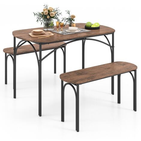 Set da pranzo 3 pezzi per 4 persone, Tavolo rettangolare in legno da 120cm e 2 panche con struttura in metallo Marrone