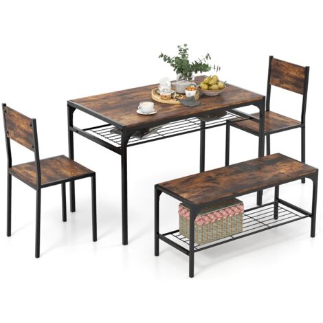 Set da pranzo 4 pezzi con telaio in metallo ripiano portaoggetti, Tavolo da pranzo con 2 sedie panca per 4 persone Marrone