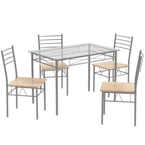 Set da pranzo 5 pezzi in vetro con 1 tavolo rettangolare e 4 sedie, Set da pranzo con struttura metallica