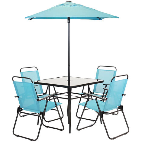 Set da Pranzo 6 Pezzi per Giardino con Ombrellone e 4 Sedie Pieghevoli Celeste
