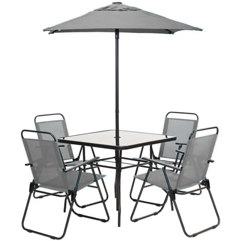 Set da Pranzo 6 Pezzi per Giardino Patio con Ombrellone 4 Sedie Pieghevoli Grigio
