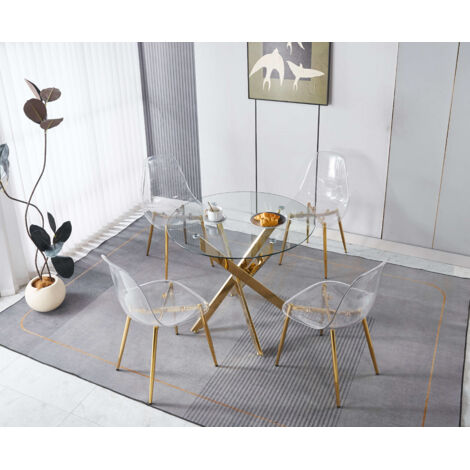 Set da pranzo composto da 5 pezzi: 1 tavolo + 4 sedie in velluto, schienale alto ergonomico, gambe in metallo dorato, colore oro